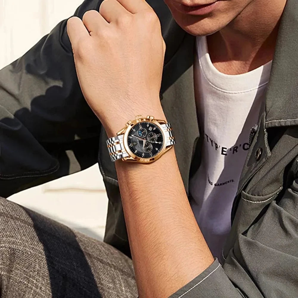 POEDAGAR 820 Watch Casual Chronograph Men's Watches Stainless Steel Band Business Wristwatch Quartz Clock With Luminous Pointers