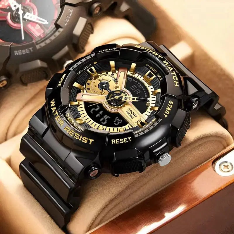 Wholesale Trend Black Gold Electronic Watch Fashion Outdoor Sports Wristwatches Waterproof Dual Display Pointer Watch for Men. Minimum order 2