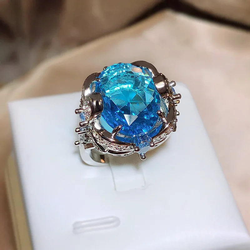 Fashion Jewelry KYRA01718 Luxurious Sea Blue Big Zircon Resizable Ring Design for Women minimum order 2