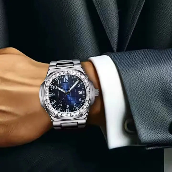 New Hot Selling Silver Men's Watch Stainless Steel  Diamond Dial Quartz Watch Men's Waterproof Men's Watch