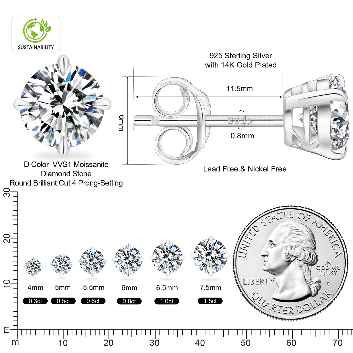 Sparkly VVS Moissanite Studs 14K White Gold Jewelry Christmas Gifts 925 Sterling Silver Lab Created Diamond Earrings for Women