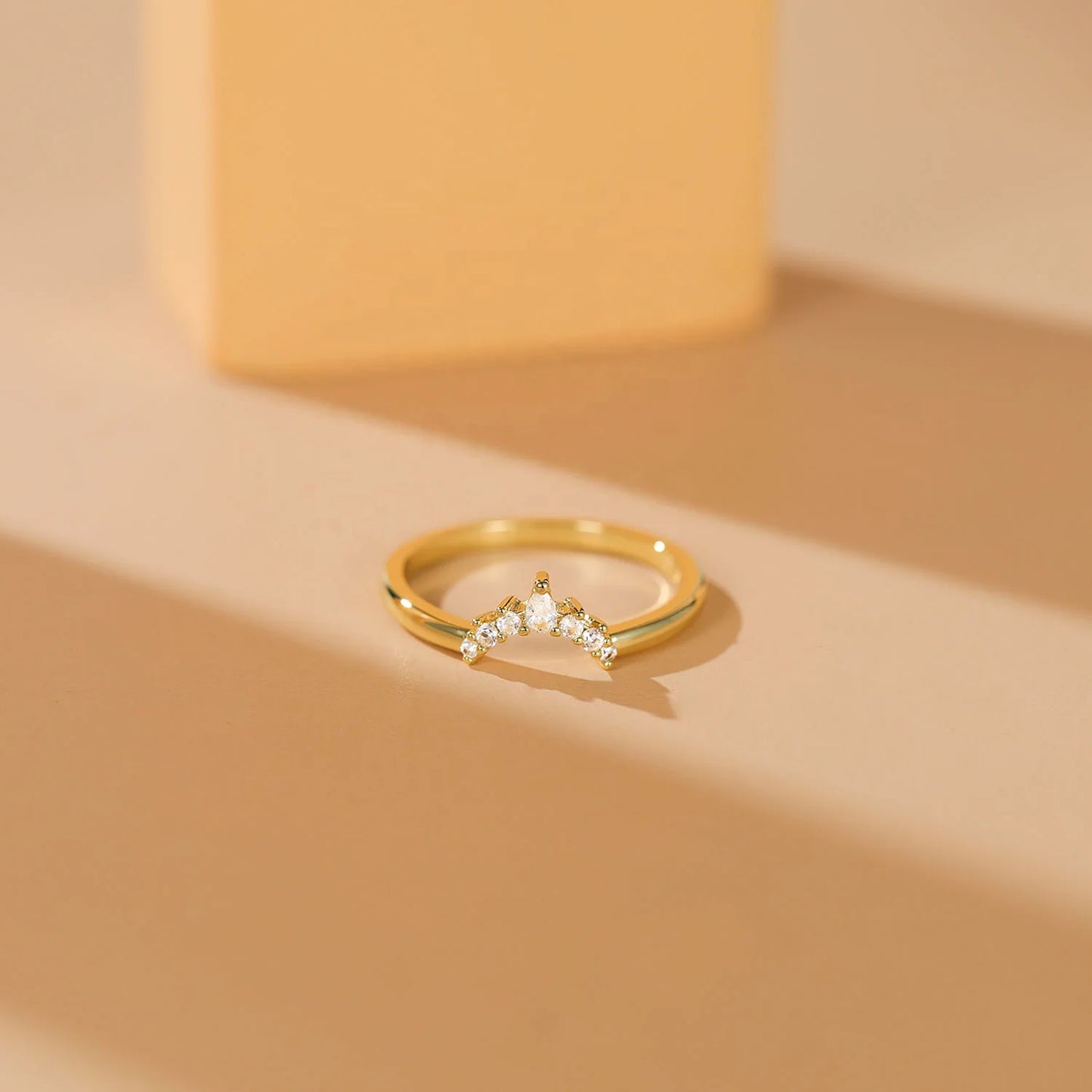 14K Gold Plated Copper Ring Women Wedding Rings V Shape Cubic Zirconia Stackable Eternity Fashion Jewelry Ring
