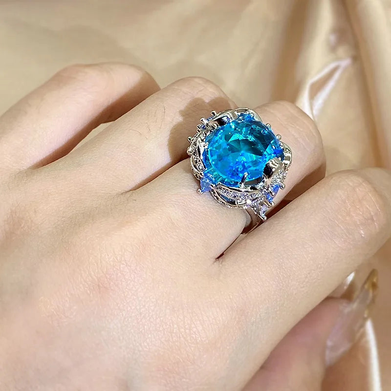 Fashion Jewelry KYRA01718 Luxurious Sea Blue Big Zircon Resizable Ring Design for Women minimum order 2