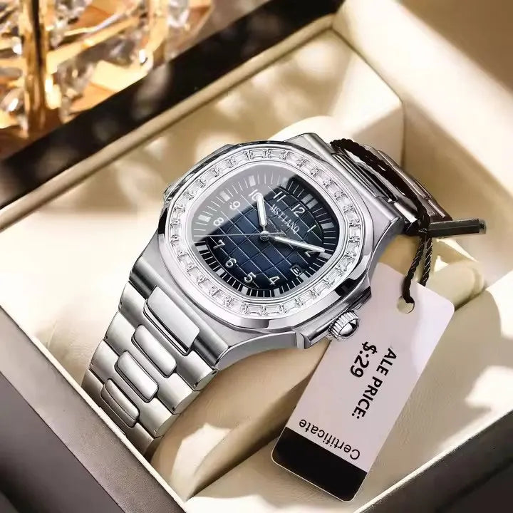 New Hot Selling Silver Men's Watch Stainless Steel  Diamond Dial Quartz Watch Men's Waterproof Men's Watch