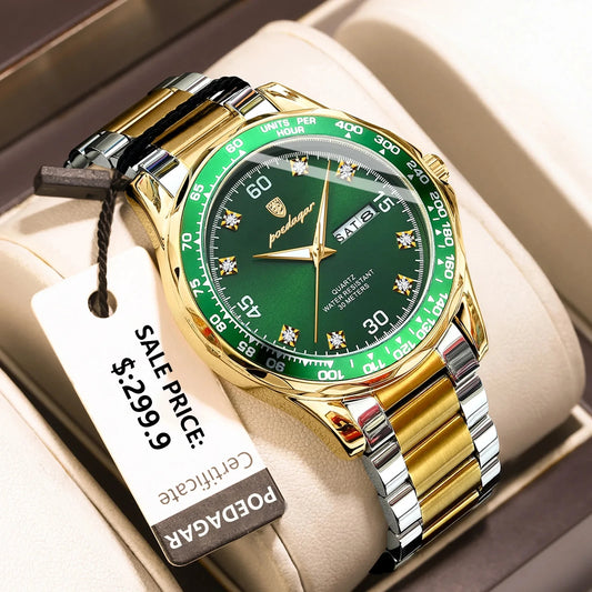 POEDAGAR 963 Date Week Watch for Men Stainless Steel Brand Luxury Quartz Male Wristwatch Waterproof Luminous Sport Men's Watches