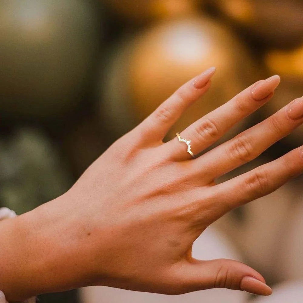 14K Gold Plated Copper Ring Women Wedding Rings V Shape Cubic Zirconia Stackable Eternity Fashion Jewelry Ring