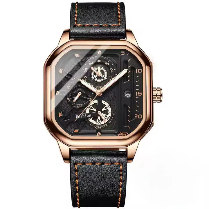 Top Brand Men's Watch with Leather Belt Casual Square Big Dial Black Sport Wristwatch Luxury  Waterproof  Luminous  Watches. Minimum order 2