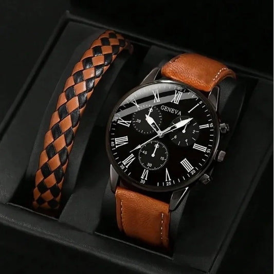 New Export Hot Style Men's Quartz Watch Leather Band 40mm Pointer Business Casual Fashion Three-Eye Design Plus Braided Bracelet
