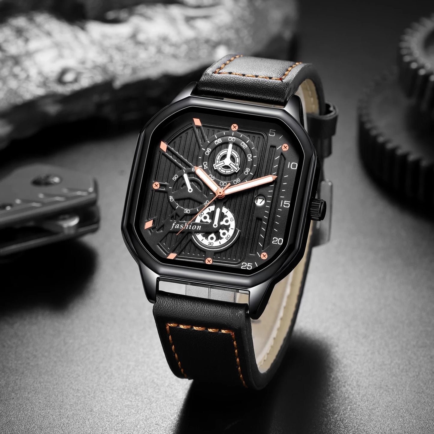 Top Brand Men's Watch with Leather Belt Casual Square Big Dial Black Sport Wristwatch Luxury  Waterproof  Luminous  Watches. Minimum order 2