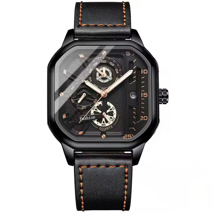 Top Brand Men's Watch with Leather Belt Casual Square Big Dial Black Sport Wristwatch Luxury  Waterproof  Luminous  Watches. Minimum order 2