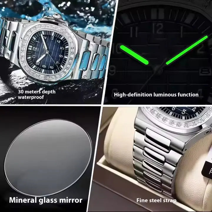 New Hot Selling Silver Men's Watch Stainless Steel  Diamond Dial Quartz Watch Men's Waterproof Men's Watch