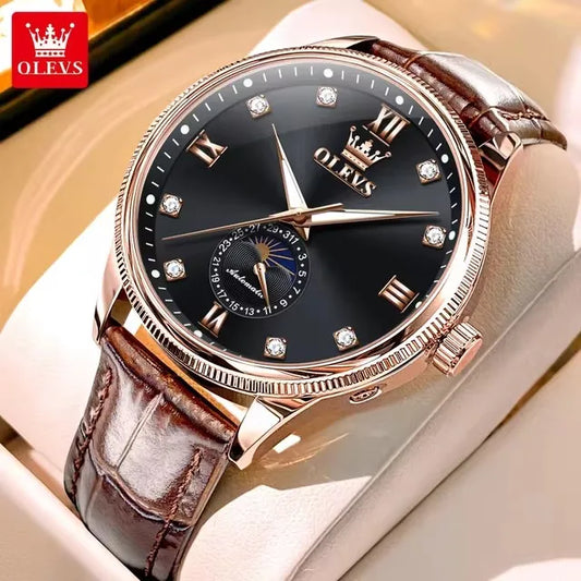 OLEVS 7039 Men's Watches Luminous Hands Genuine Leather Strap Luxury Moon Phase Calendar Automatic Mechanical Wristwatch for Men