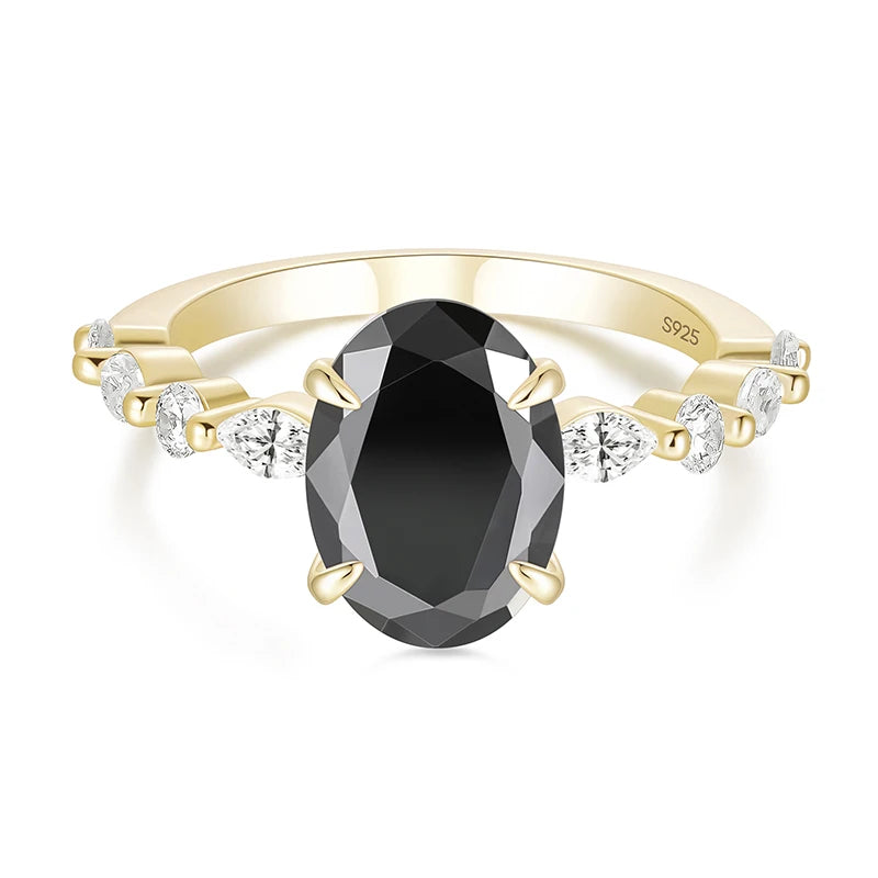 Somen Jewelry Oval Cut Black Gemstone Cubic Zircon Wedding Engagement Promise S925 Sterling Silver Rings for Women