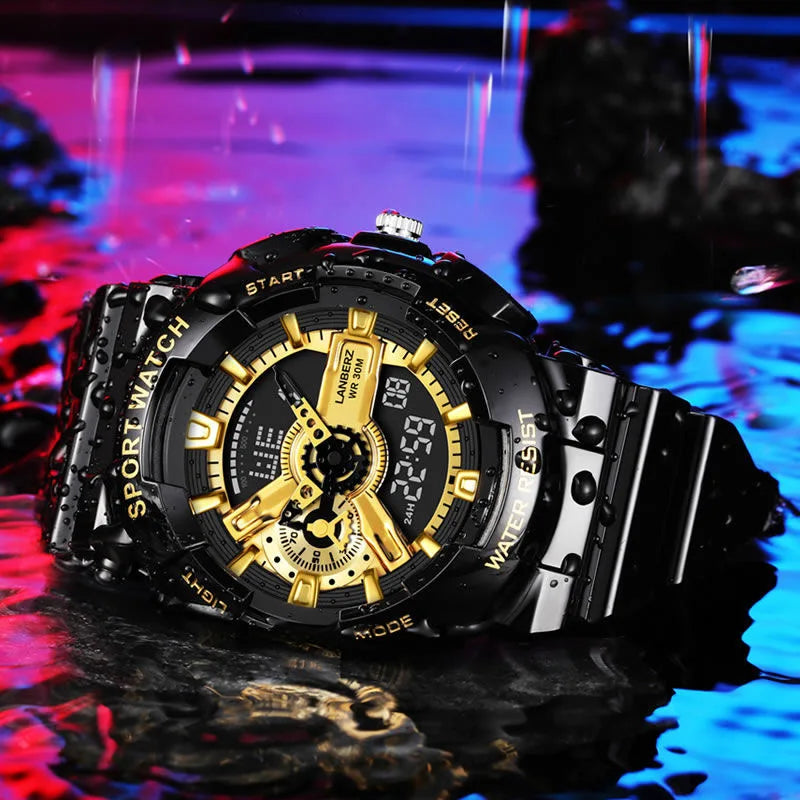 Wholesale Trend Black Gold Electronic Watch Fashion Outdoor Sports Wristwatches Waterproof Dual Display Pointer Watch for Men. Minimum order 2