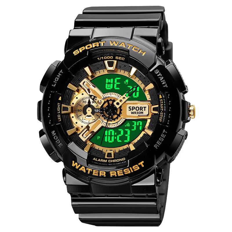 Wholesale Trend Black Gold Electronic Watch Fashion Outdoor Sports Wristwatches Waterproof Dual Display Pointer Watch for Men. Minimum order 2