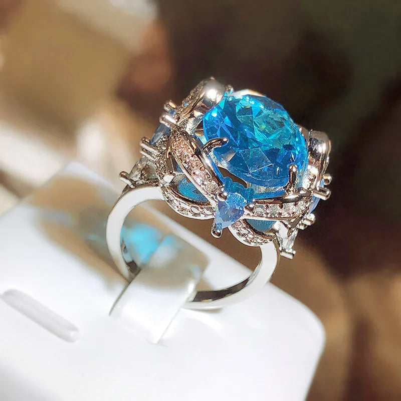Fashion Jewelry KYRA01718 Luxurious Sea Blue Big Zircon Resizable Ring Design for Women minimum order 2