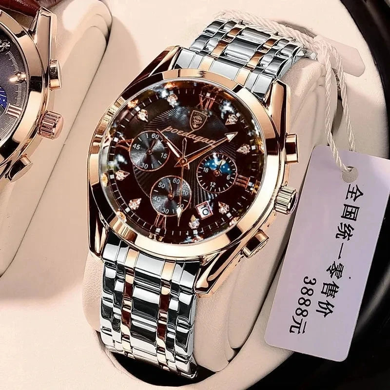 POEDAGAR 820 Watch Casual Chronograph Men's Watches Stainless Steel Band Business Wristwatch Quartz Clock With Luminous Pointers