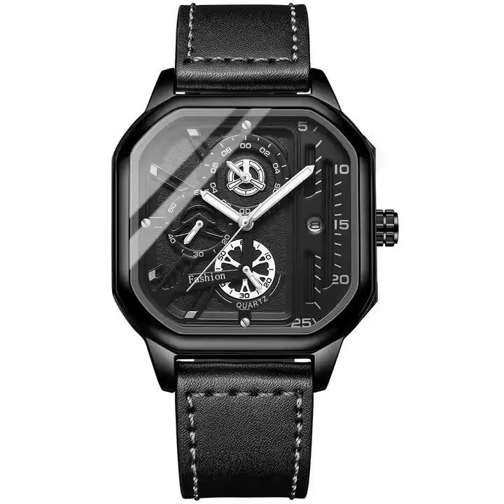 Top Brand Men's Watch with Leather Belt Casual Square Big Dial Black Sport Wristwatch Luxury  Waterproof  Luminous  Watches. Minimum order 2
