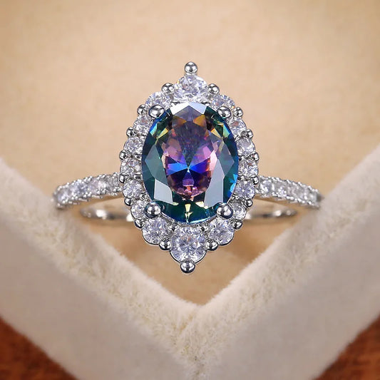 CAOSHI Hot Trendy Jewelry Colorful Zircon Filled Ring Mother's Day Oval Cut Elegant Vintage Silver Color Finger Rings