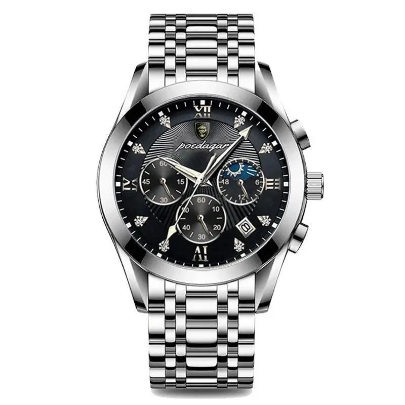 POEDAGAR 820 Watch Casual Chronograph Men's Watches Stainless Steel Band Business Wristwatch Quartz Clock With Luminous Pointers