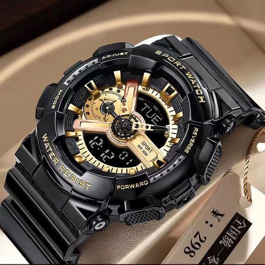Wholesale Trend Black Gold Electronic Watch Fashion Outdoor Sports Wristwatches Waterproof Dual Display Pointer Watch for Men. Minimum order 2