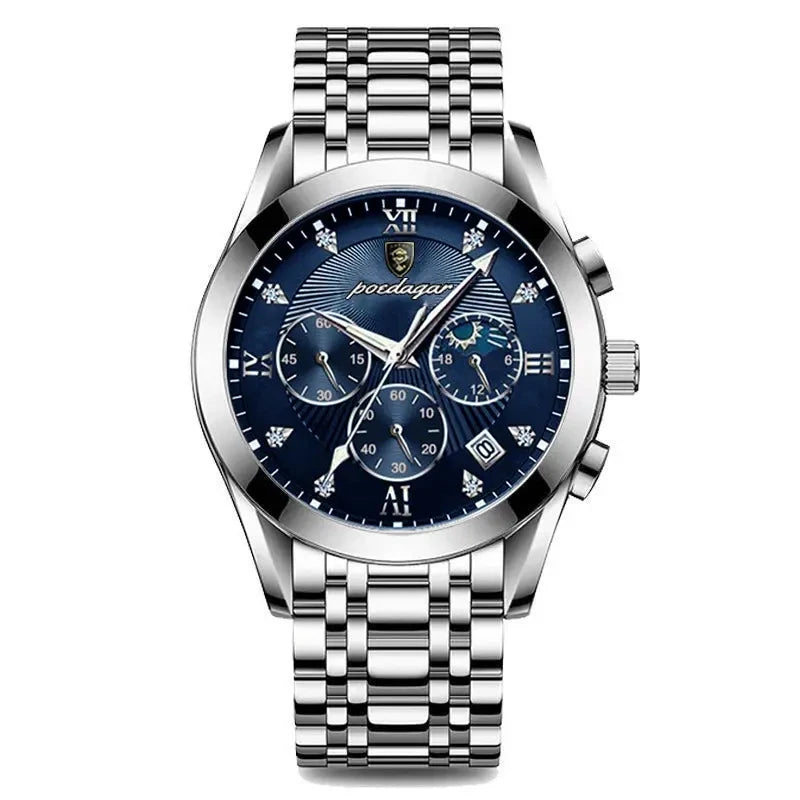 POEDAGAR 820 Watch Casual Chronograph Men's Watches Stainless Steel Band Business Wristwatch Quartz Clock With Luminous Pointers
