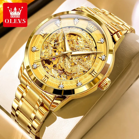OLEVS 7027 Fashion Diamond Men's Watches Gold Dragon Luxury Men Automatic Mechanical Wristwatches for Mens Montre Homme Relojes. Minimum order 2