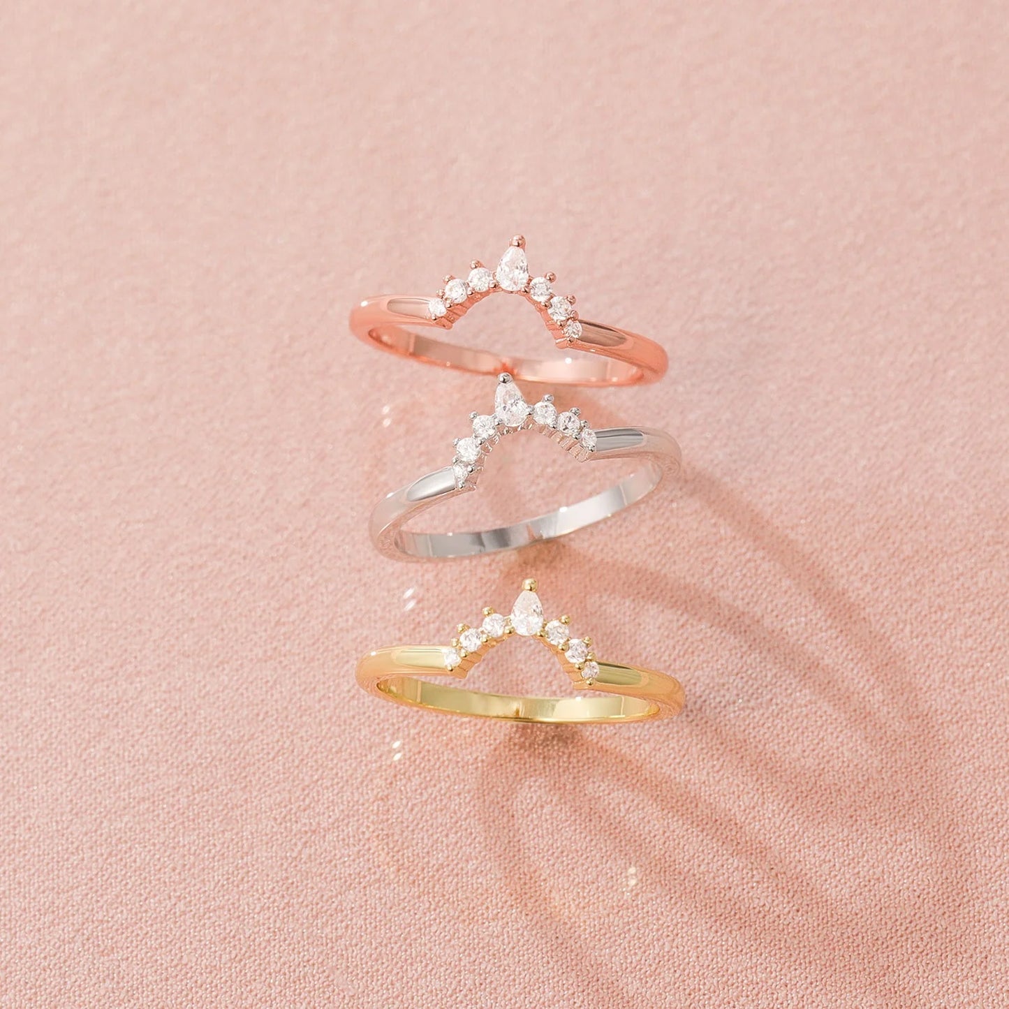 14K Gold Plated Copper Ring Women Wedding Rings V Shape Cubic Zirconia Stackable Eternity Fashion Jewelry Ring