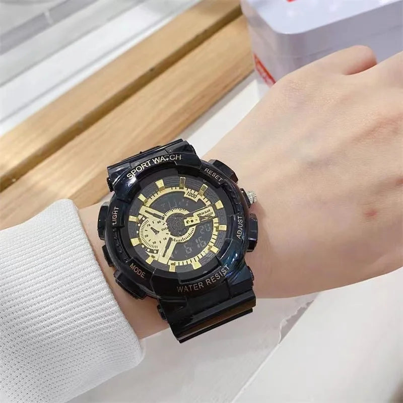 Wholesale Trend Black Gold Electronic Watch Fashion Outdoor Sports Wristwatches Waterproof Dual Display Pointer Watch for Men. Minimum order 2