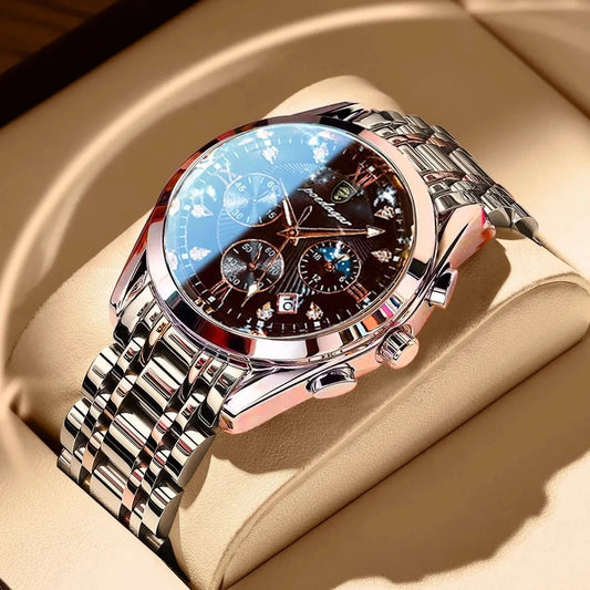POEDAGAR 820 Watch Casual Chronograph Men's Watches Stainless Steel Band Business Wristwatch Quartz Clock With Luminous Pointers