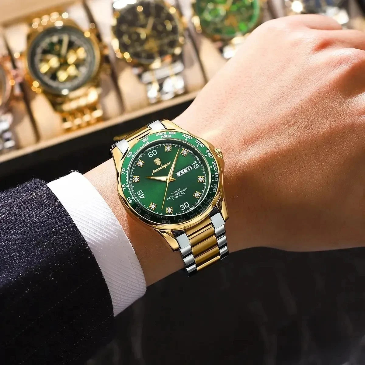 POEDAGAR 963 Date Week Watch for Men Stainless Steel Brand Luxury Quartz Male Wristwatch Waterproof Luminous Sport Men's Watches