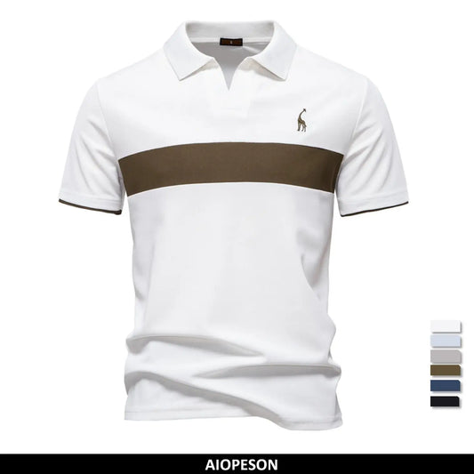 AIOPESON Men's Summer V-Neck Striped Polo Shirt Breathable Slim Fit Polo Shirts for Men Lightweight Casual Athletic Polo