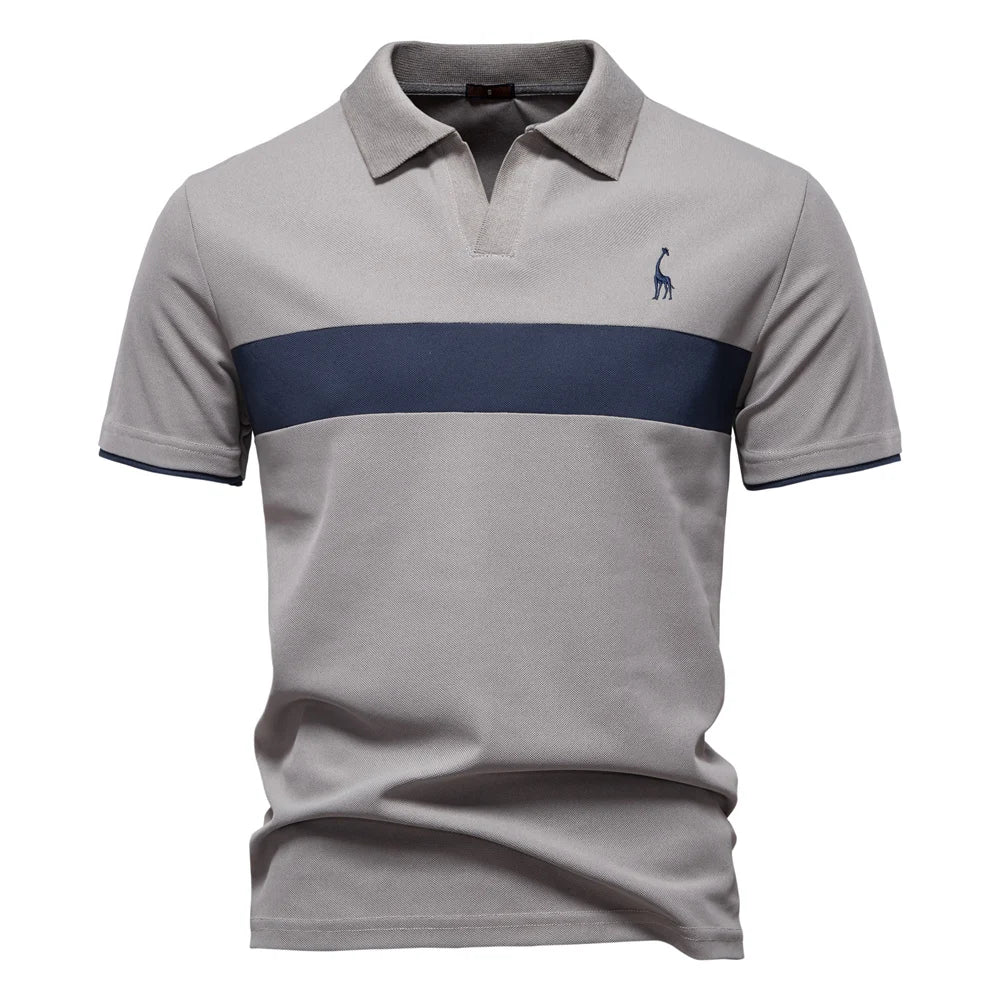 AIOPESON Men's Summer V-Neck Striped Polo Shirt Breathable Slim Fit Polo Shirts for Men Lightweight Casual Athletic Polo