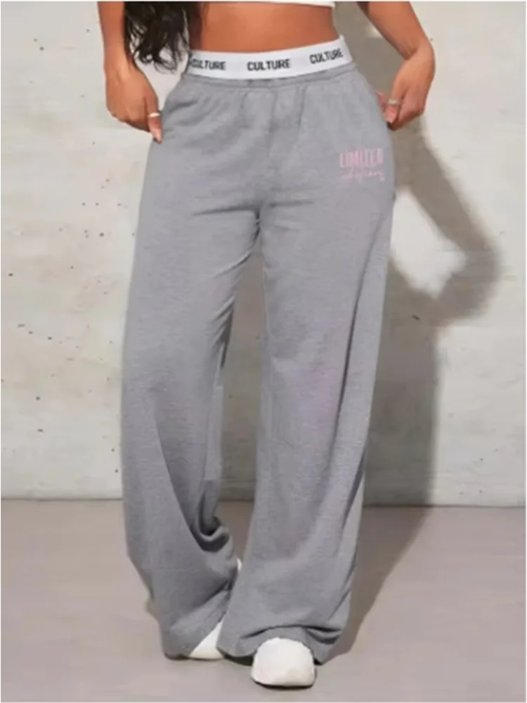 Autumn High Waisted Slightly Elastic Pants Gray Letter Printed Sports Pants Casual Outdoor Women's Versatile Wide Leg Pants