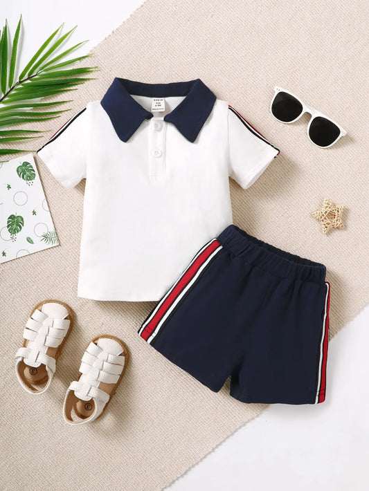6-36M Two-Piece Set For Baby Boys Casual And Comfortable Clean Color Short-Sleeved Half-Open Front Polo Shirt Striped Shorts