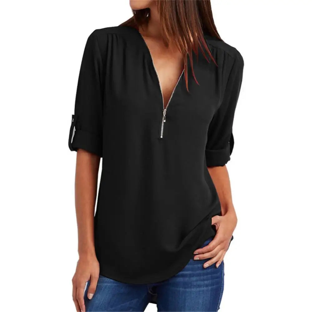 Loose Shirt Blouse Casual Solid Color Office Lady Sexy Zipper V Neck Half Sleeve Blouse