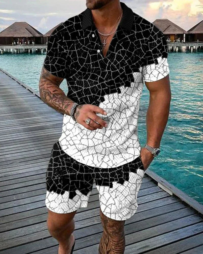 Trendy Bohemian Geometric Style 3D Printed Men's Polo Shirt Set Zipper Polo Shirt Set Zipper Collar + Shorts 2 Pieces Hawaii Hol