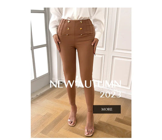 Casual Women's Pants 2024 Spring and Summer Solid Button Design High Waist Slim Fit Daily Y2k Trousers for Female Streetwear