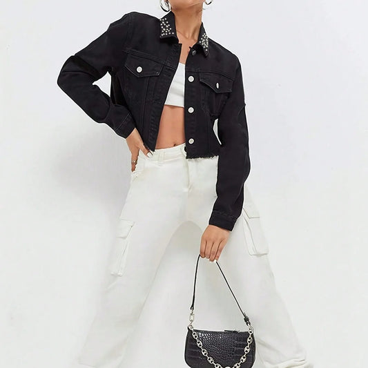 Short Denim Jacket for Women's Clothing Streetwear New Fashion 2024 Autumn Nail Bead Trendy Long Sleeves Top Coats for Female