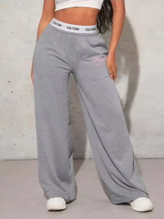 Autumn High Waisted Slightly Elastic Pants Gray Letter Printed Sports Pants Casual Outdoor Women's Versatile Wide Leg Pants