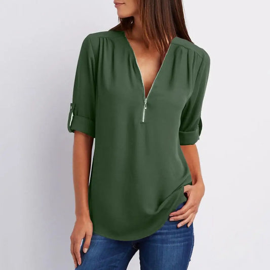 Loose Shirt Blouse Casual Solid Color Office Lady Sexy Zipper V Neck Half Sleeve Blouse
