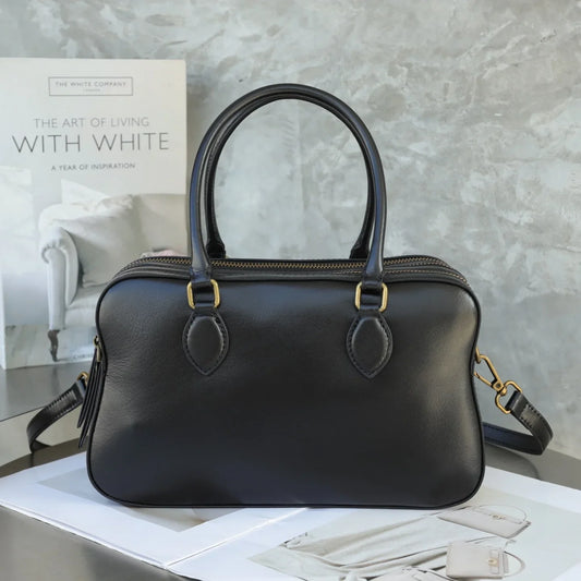 Casual Fashion Retro Handbag Single Shoulder Women's Bag Personality Bowling Boston Bag Simple Leather Handbag with Mobile Pocke