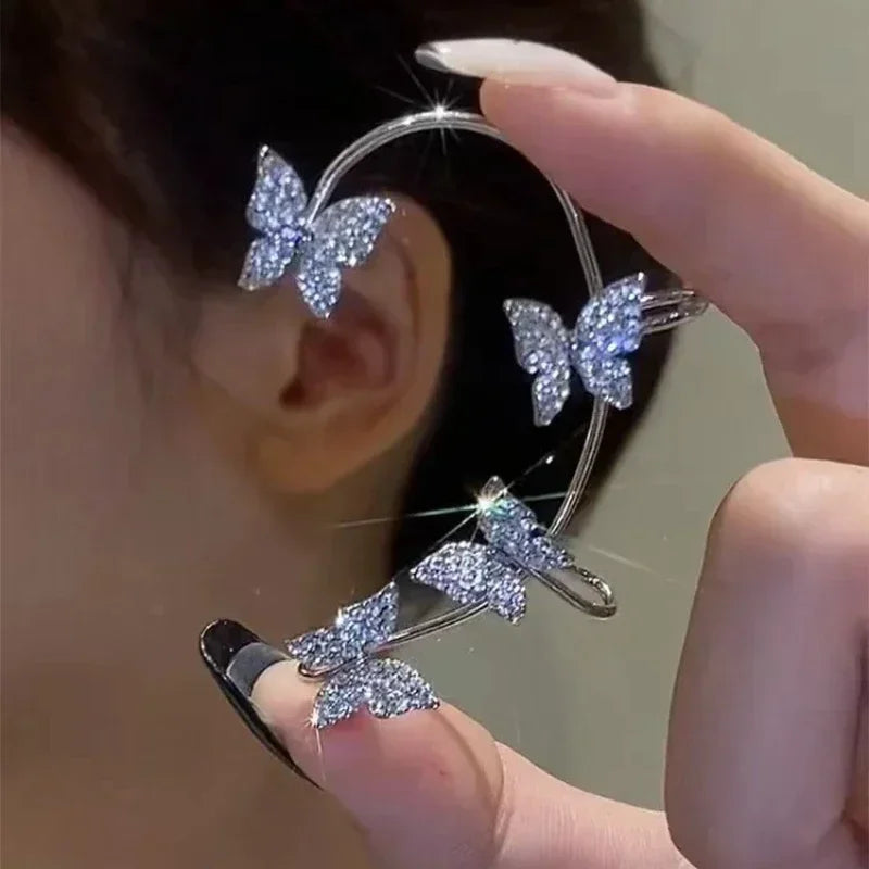 Silver Color Plated Metal Butterfly Ear Clips Without Piercing for Women Sparkling Zircon Ear Cuff Clip Earrings Wedding Jewelry