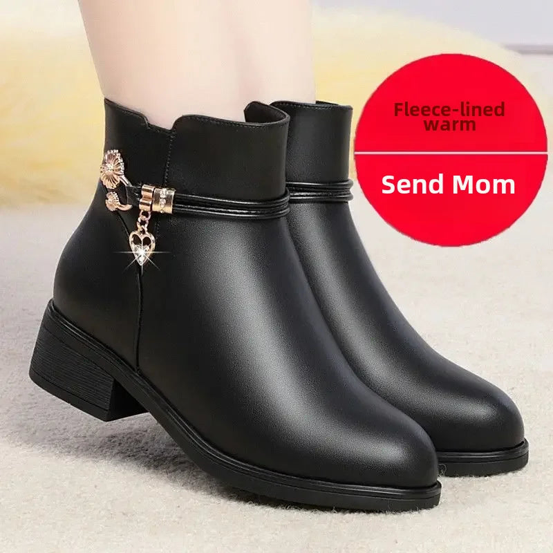 Winter Boots Women's Waterproof Warm Leather Mother Cotton Boots Fashion Black Mid Heel Plush Snow Boots Soft Sole Short Boot