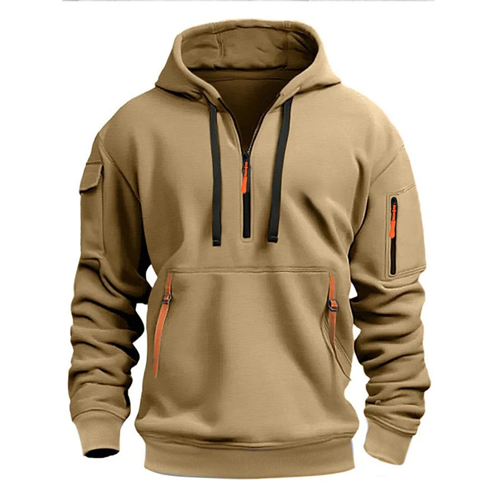 Men's casual sports hoodie, spring and autumn fashion arm pocket pull rope hooded solid color loose long-sleeved blouse pullover