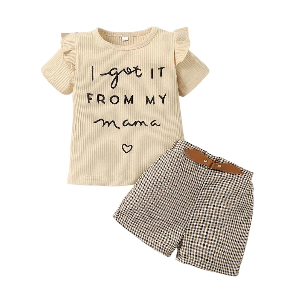 2PCS Toddler Baby Girl Clothes Set Letter Print Short Sleeve Top+Checkered Shorts Summer Fashion Outfit for Kid Girl 1-6 Years