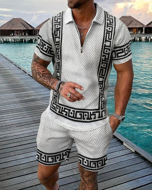 Trendy Bohemian Geometric Style 3D Printed Men's Polo Shirt Set Zipper Polo Shirt Set Zipper Collar + Shorts 2 Pieces Hawaii Hol