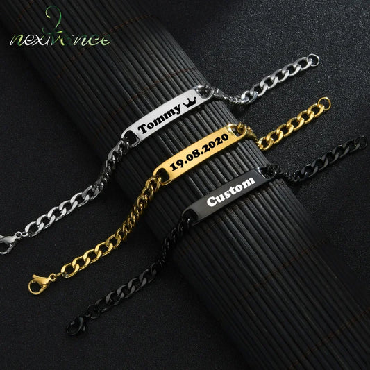 Nextvance Custom Name Bar Bracelets Engraved Date Letters For Men Stainless Steel Personalized Thick Chain Bracelet Jewelry Gift