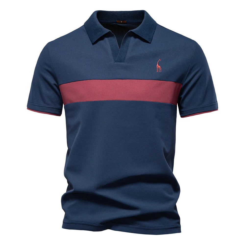 AIOPESON Men's Summer V-Neck Striped Polo Shirt Breathable Slim Fit Polo Shirts for Men Lightweight Casual Athletic Polo