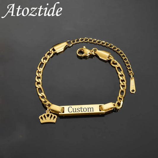 Atoztide Personalized Engrave Name Bracelet For Women Mother Kids Stainless Steel Heart Adjustable Figaro Chain Jewelry Gift